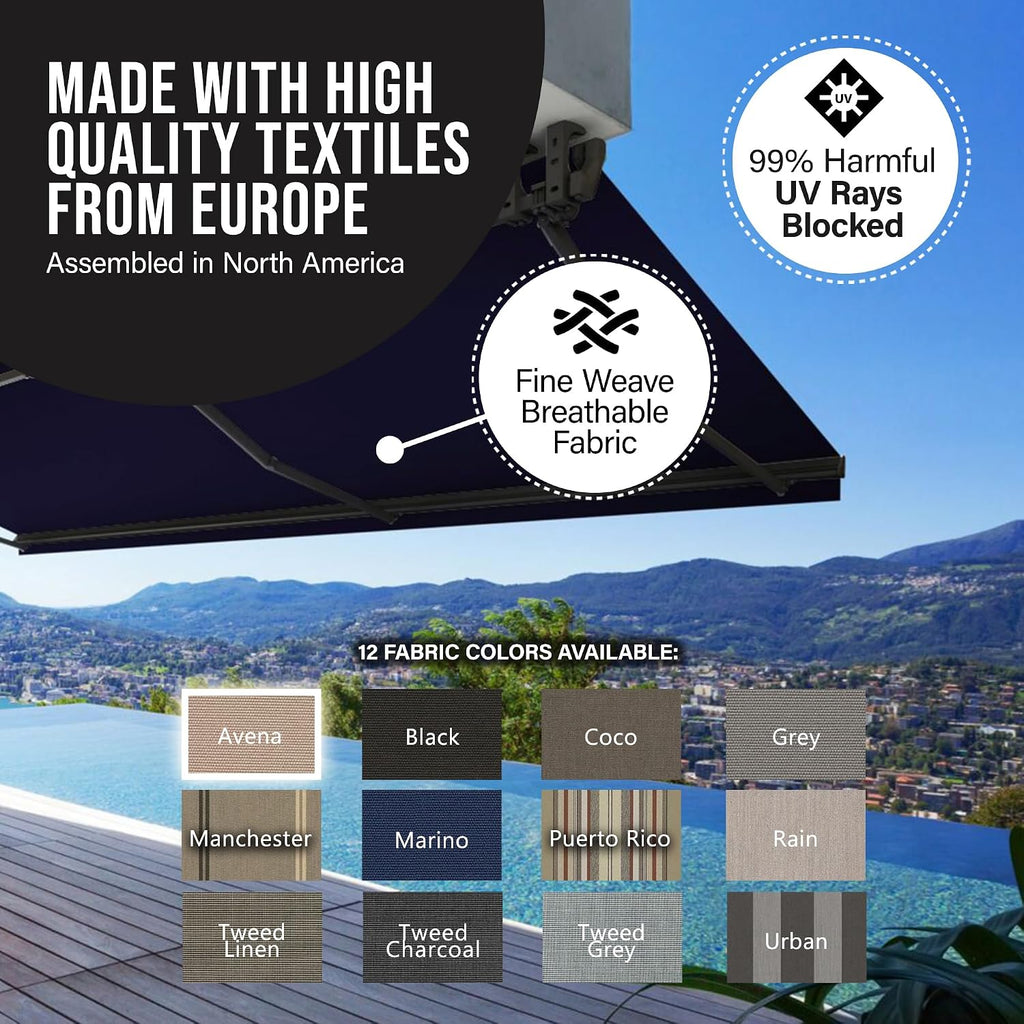 Motorized Awning Outdoor Retractable with Black Structure,15ft Electrical Cord, Remote Control & Wind Sensor, UV