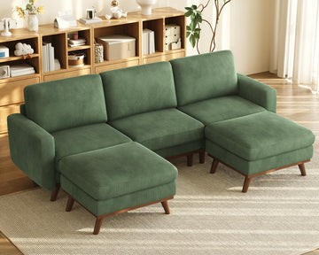 97" Modular Sectional Sofa Green, U-Shaped Couch with Movable Ottoman, Comfy Corduroy Couch with Spring Cushion