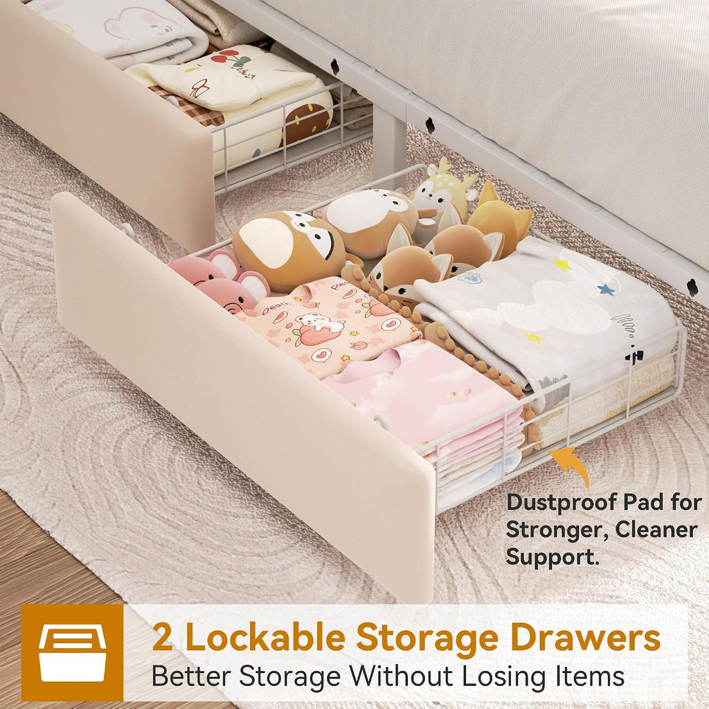Twin Upholstered LED Bed Frame with 2 Storage Drawers and 2-Tier Storage Bookcase Headboard, Velvet Princess Platform
