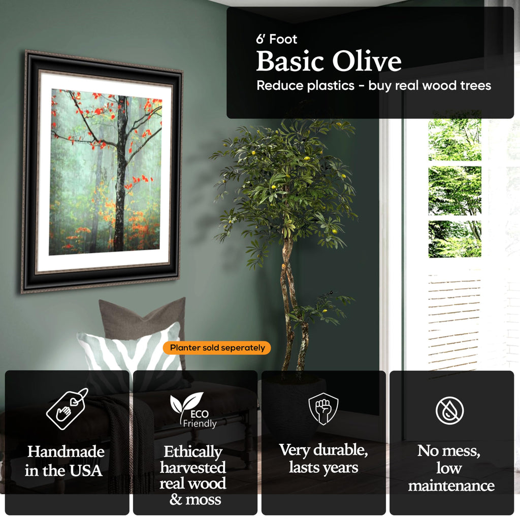 Handmade 6ft Mediterranean Olive Artificial Tree with Ethically Sourced Real Wood Trunks, Hypoallergenic, 6-Foot