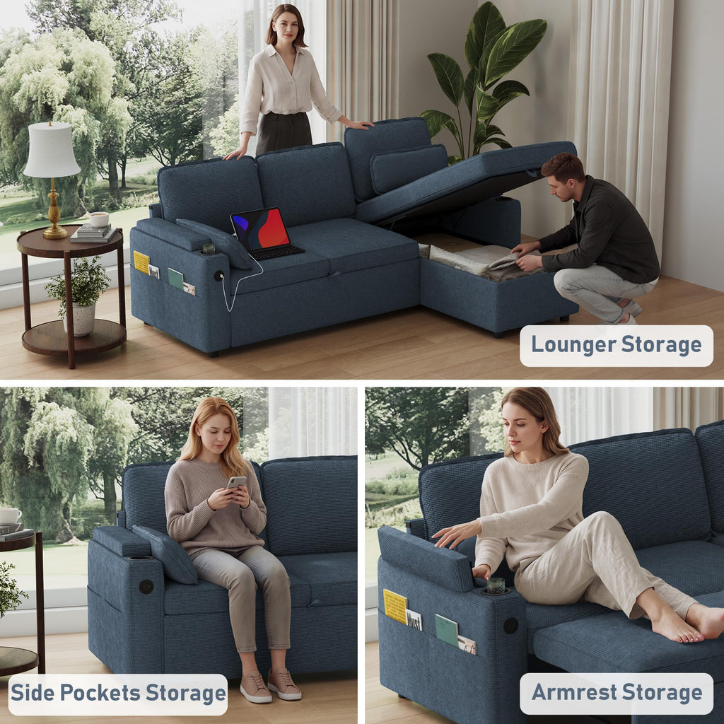 80" Sofa Bed Pull Out L Shaped Couch with Storage Chaise, Blue