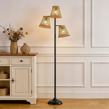 72" Boho Rattan Floor Lamp, 3-Lights Tree Floor Lamps, Tree Farmhouse Industrial Black Standing Lamp with Woven Shade