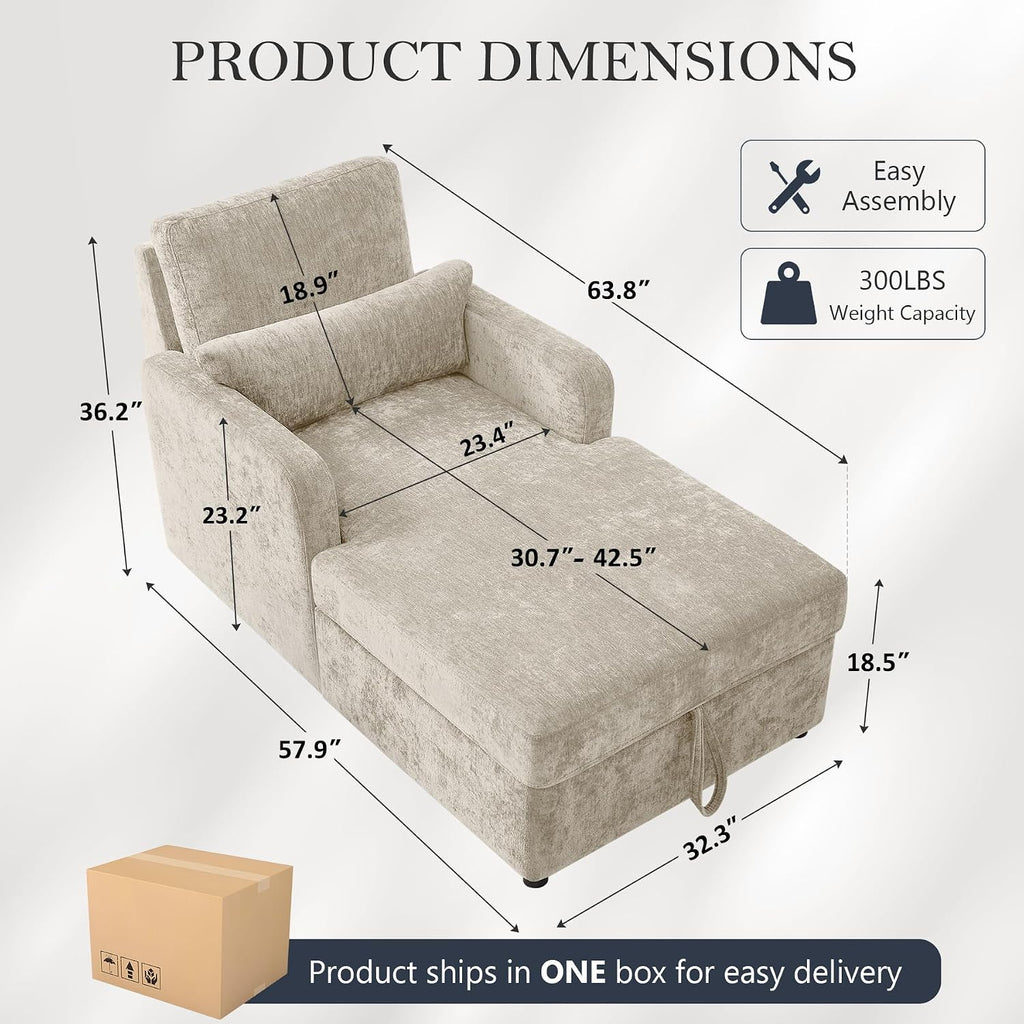 58" Oversized Chaise Lounge Chair with Storage, Chenille Camel | Adjustable Backrest, 2 Back Pillows, Comfy Reading