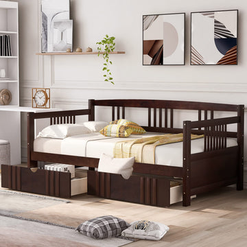 Twin Size Corner Day Bed Frame with Drawers, Solid Wood Daybed with Storage and Headboard, No Box Spring Needed