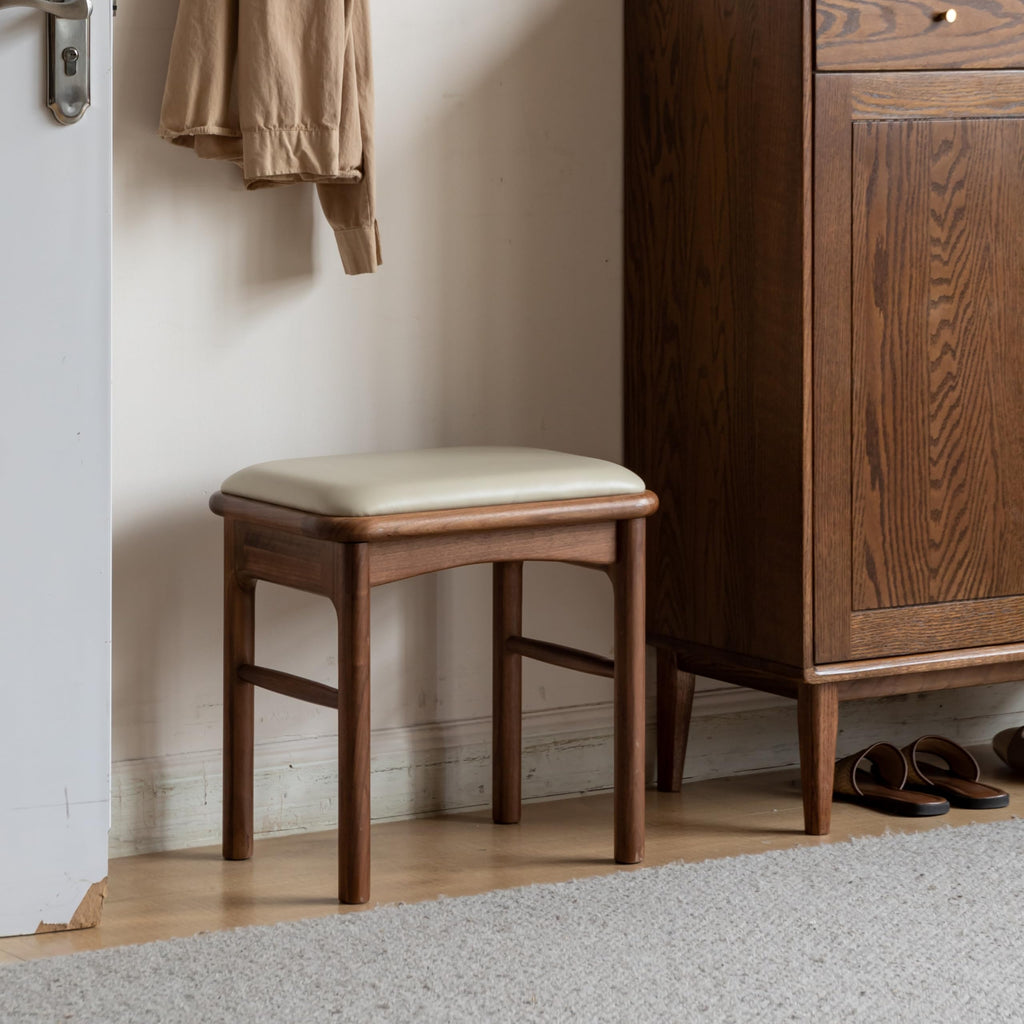 Upholstered Stool with Solid Wood Leg, Leather Padded Dining Ottoman Walnut Footrest Stool Bench Seat Kitchen, 1pc