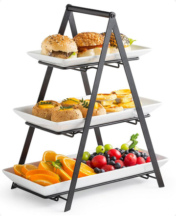 3 Tier Serving Tray Tiered Tray Stand, 10+12+14 Inch, Black | Ceramic Serving Platters and Trays with Metal Rack