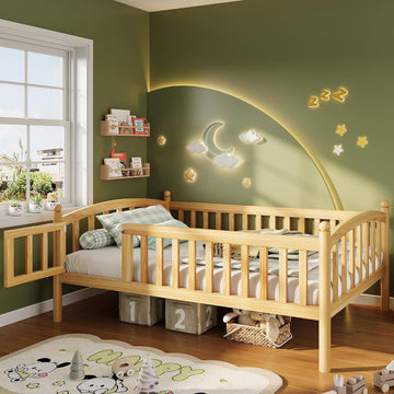 Twin Montessori Floor Bed Frame with High Rails and Door, Low-Profile Wood Kids Bed Frame with Slats, Twin Size