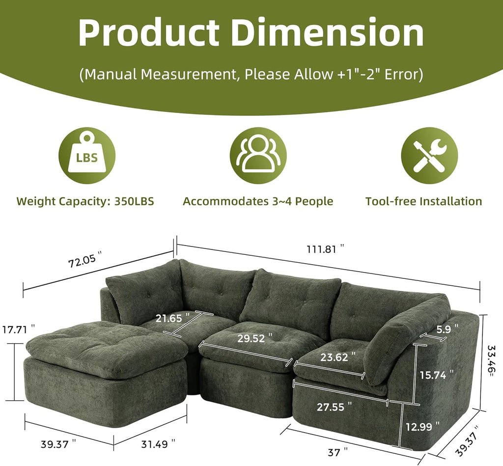 Tufted Cushions Cloud Sectional Boneless Sectional Sofa with Movable Ottoman, 112" Oversized Modular Convertible L