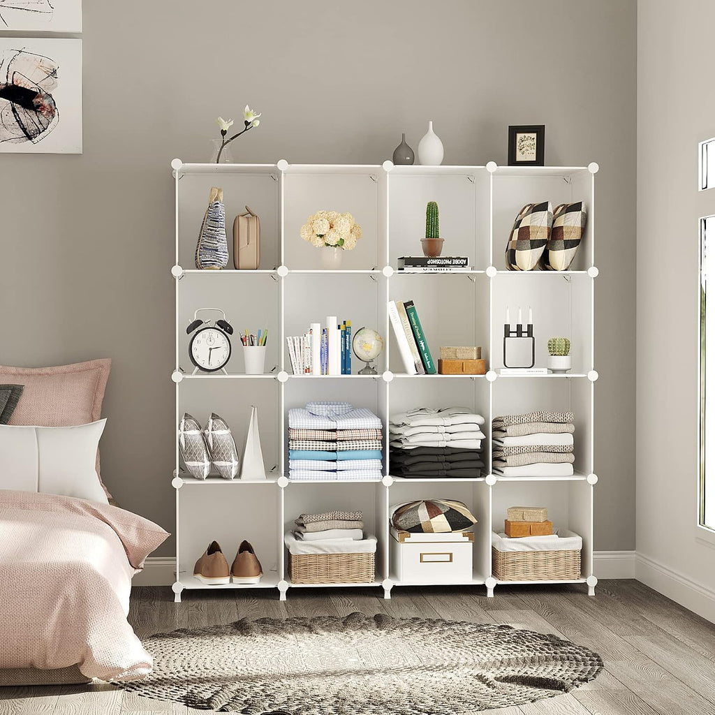 Cube Storage Organizer, 16 Cube Closet Organizer, White | Stackable Storage Cube Shelves, DIY Portable Closet Clothes