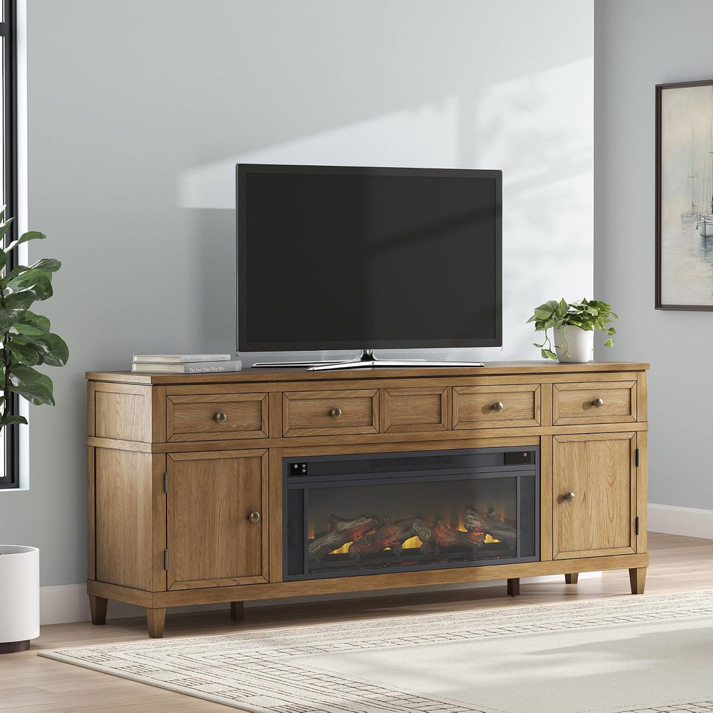 81" TV Stand with Electric Fireplace for TVs up to 93", Light Brown