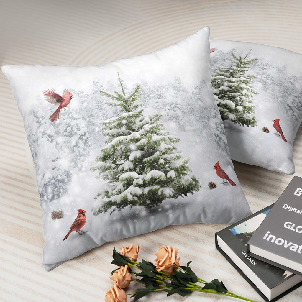 Winter Throw Pillow Covers 18X18 Snowy Natural Forest Decorative Pillow Case Green Pine Tree with Cardinal - Set of 2
