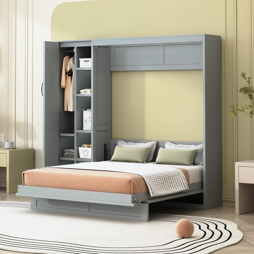 Full Murphy Bed Wall Bed with Shelves, Drawers and LED Lights,Gray