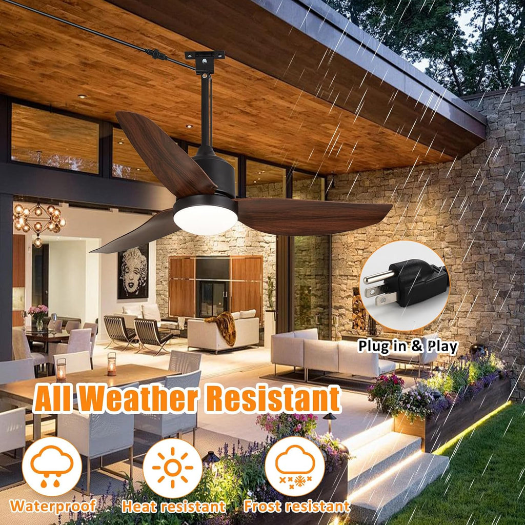 42 Inch Waterproof Gazebo Fans with Lights Outdoor Hanging - Plug in Remote App Control for Patio Indoor Farmhouse Porch - 6 Speed Reversible DC Motor Walnut