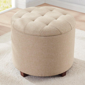 18" Round Storage Ottoman with Lid, Holds 300 lbs, Beige | Linen Tufted Fabric; Foot Rest Stool & Vanity Chair