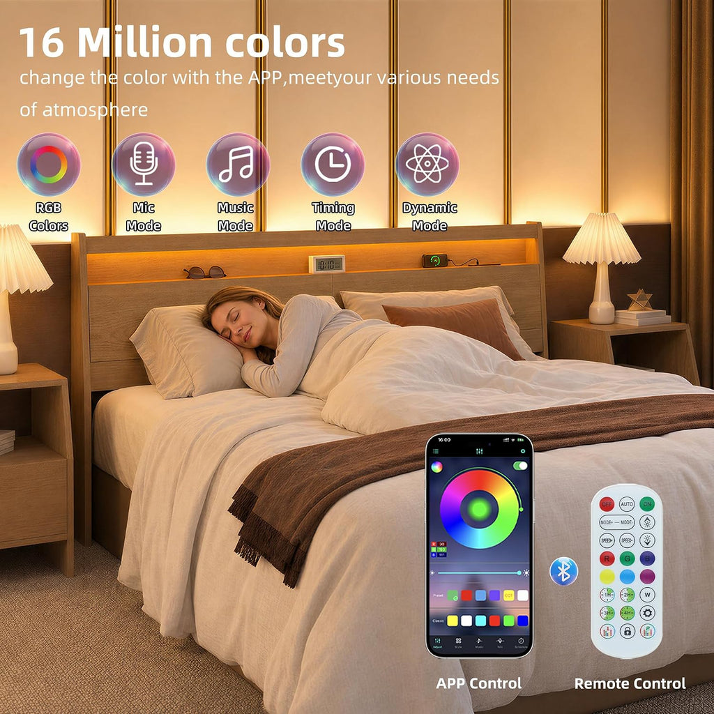 King Wooden Headboard with Storage Outlet USB LED Bed Backboard | Solid Wood Leg,Wall mounted panel,Sleeping