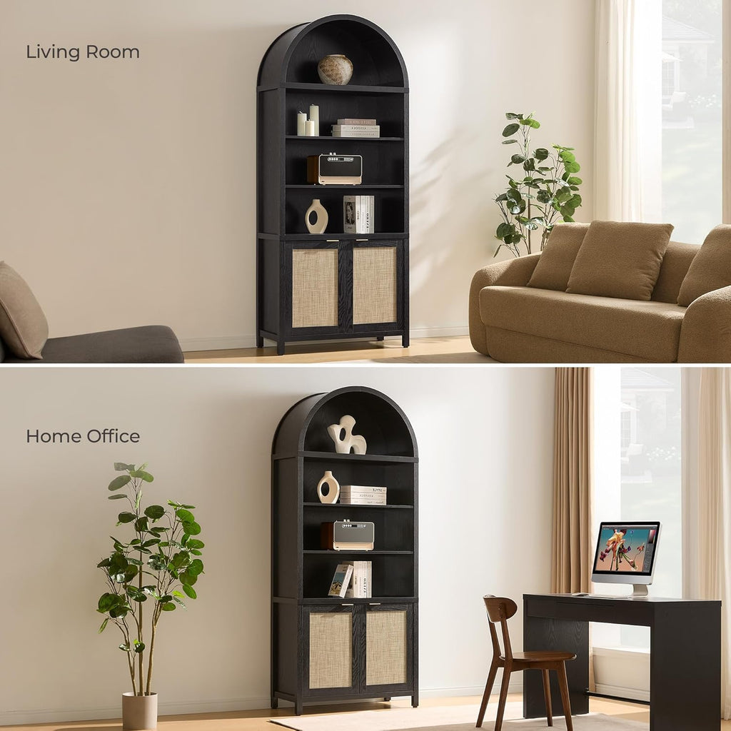 Book Shelf Arched Cabinet Bookshelf Arch 84.2" Tall Bookcase 5 Tier Large Bookshelves with Doors Storage Rattan Boho