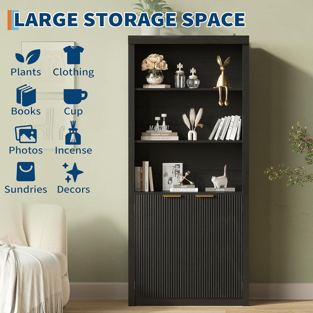 Modern Tall Book Shelf and Bookcase, 31.5"Wide Bookshelf with Doors, Farmhouse Book Case with Adjustable Top Shelf