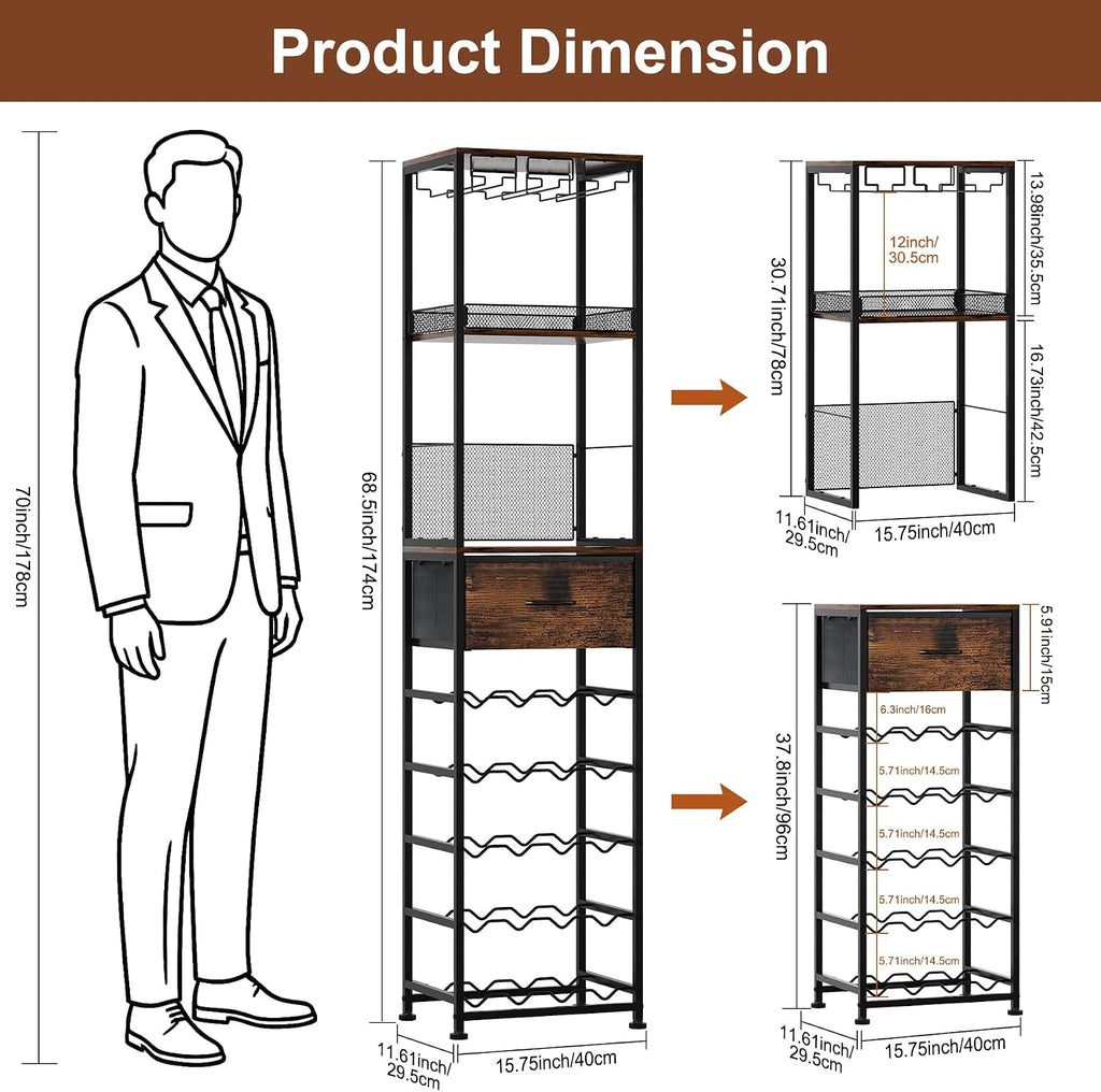 7-Tier Wine Rack Freestanding Floor Liquor Cabinet Bar | 2-in-1 Modular Split, 40 Bottles Display Shelf, Wooden Wine