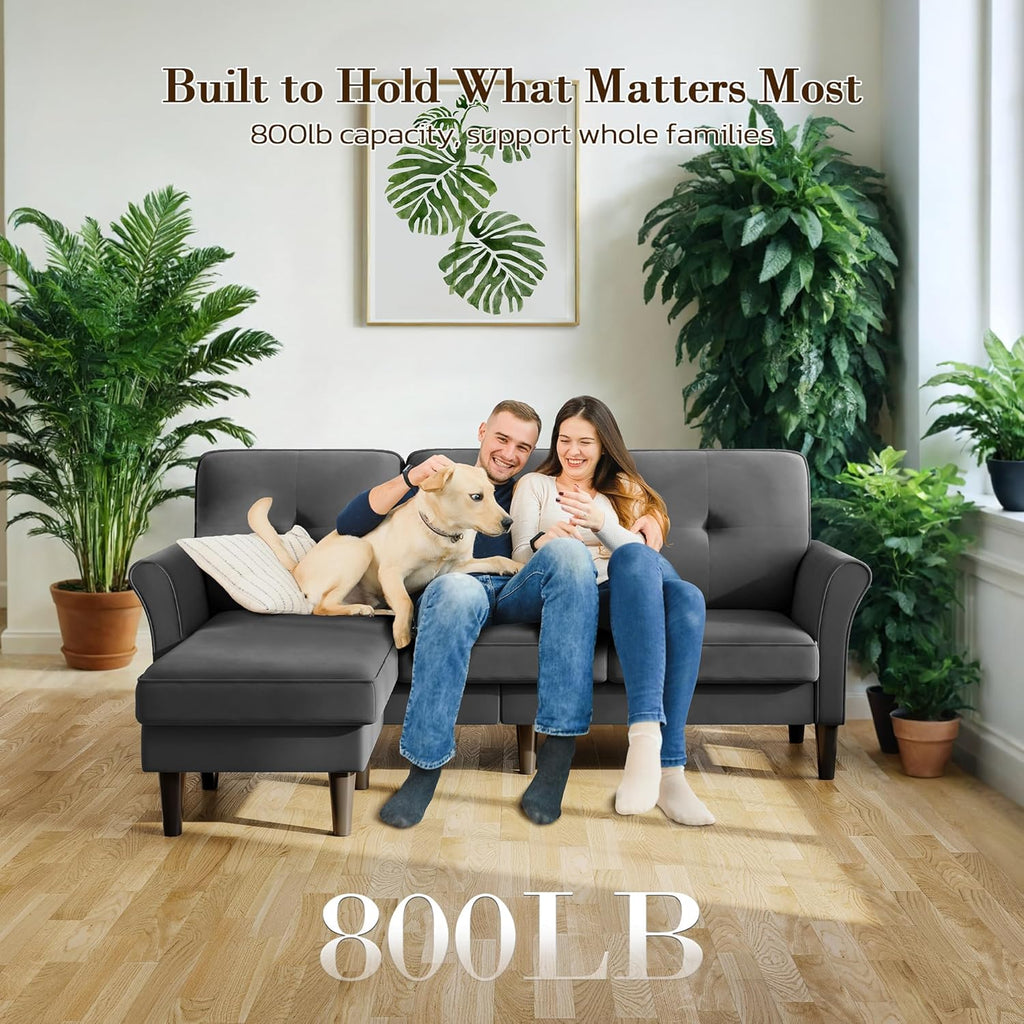 Sofas for Living Room, 83" Velvet Sectional Couch with Moveable Ottoman, Midcentury Modern Small Sectional Couch