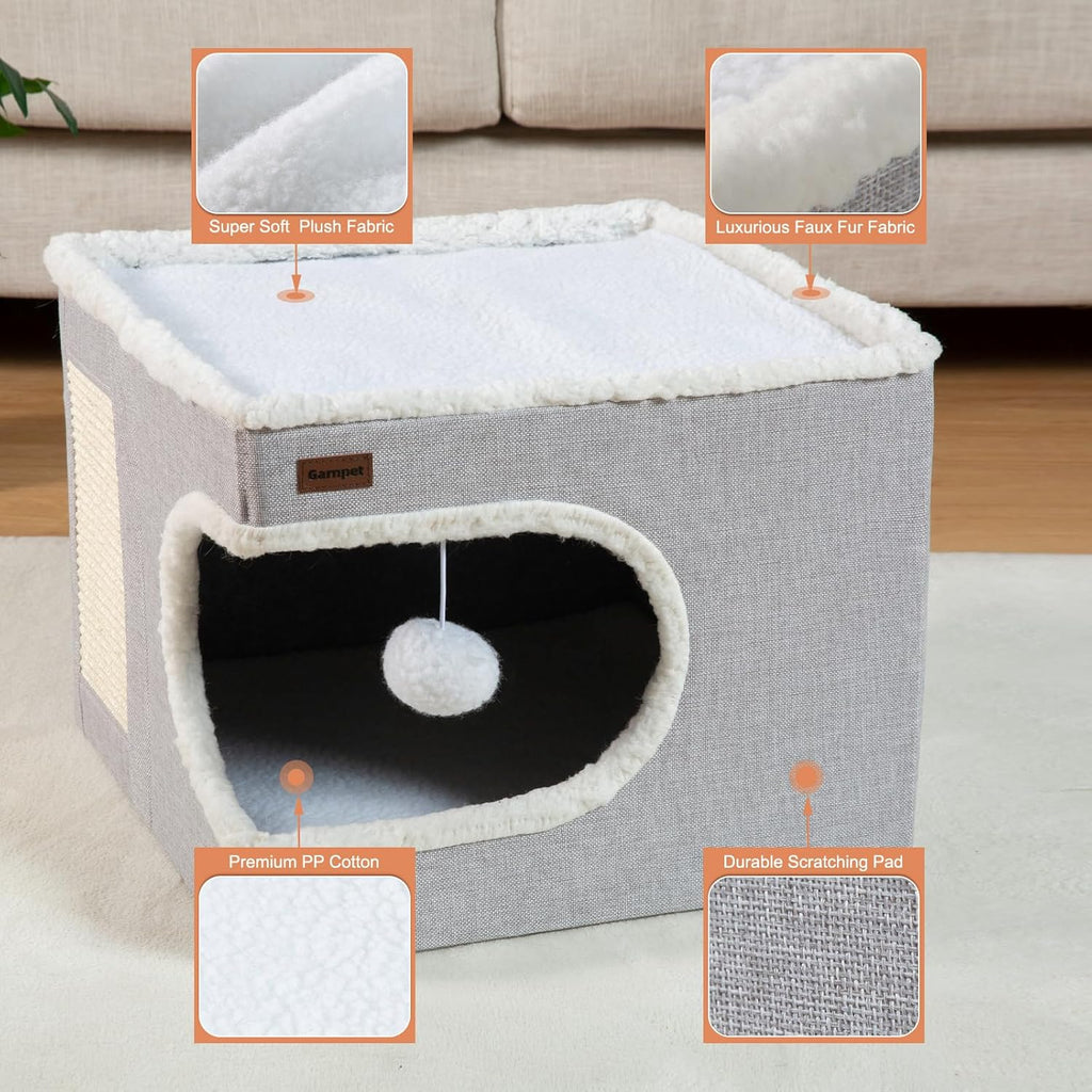 Cat Bed for Indoor Cats Cube House, Covered Cat Cave Beds & Furniture with Scratch Pad and Hideaway Tent
