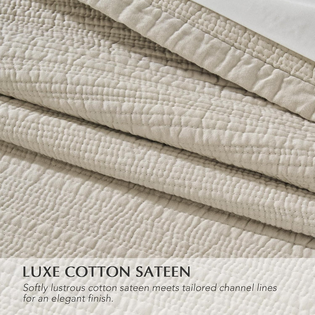 Channel Stitch 100% Cotton Quilt Set, Pre-Washed Cotton Sateen Coverlet Bedspread, 3-Piece Soft & Breathable