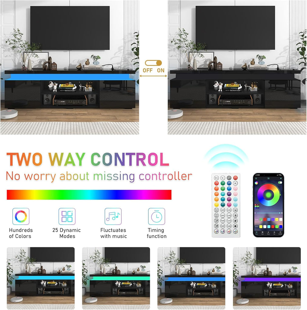 LED TV Stand for 75 Inch TV, Modern TV Stand with Power Outlet, High Gloss TV Console Entertainment Center with Storage and LED Lights for Living Room, Bedroom (66 Inch, Black)