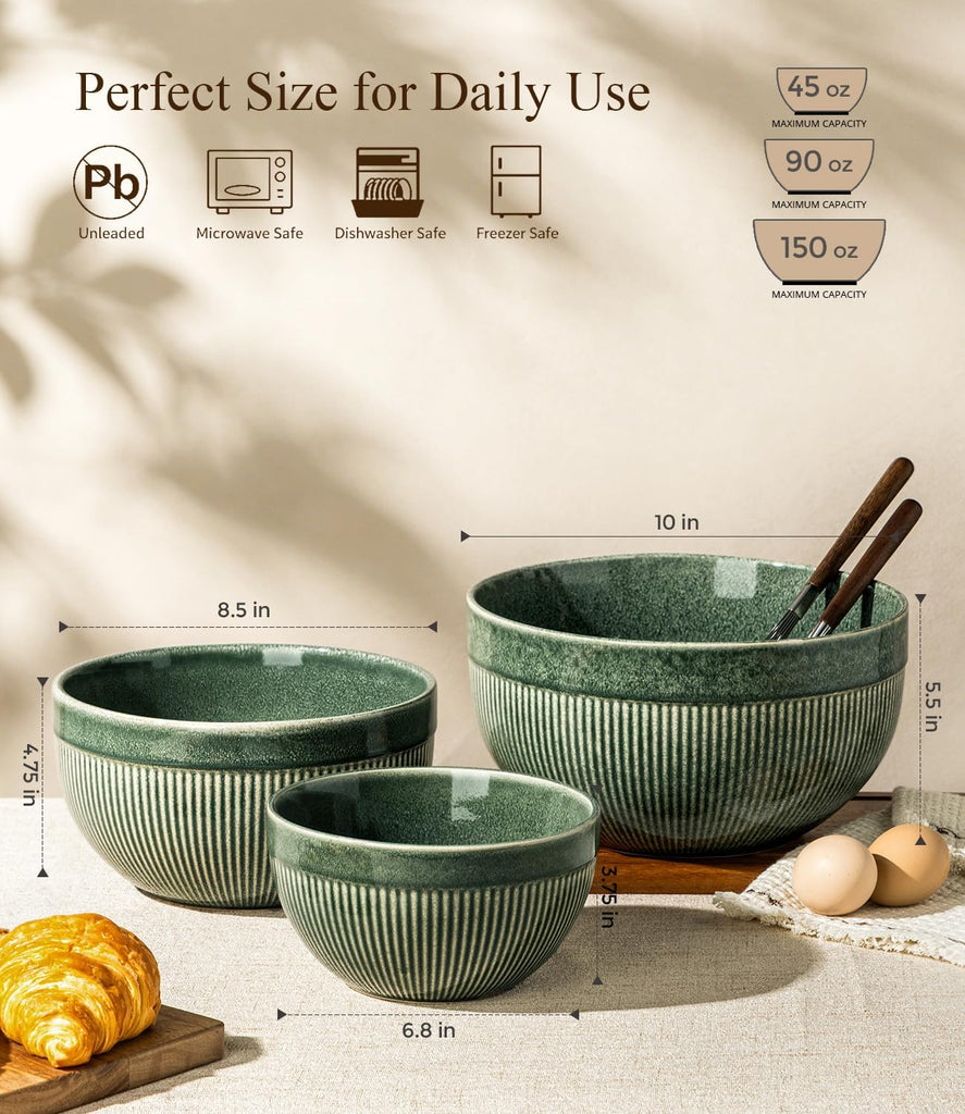 Ceramic Mixing Bowls Set of 3, Stoneware Nesting Serving Bowls, | 45/90/150 oz For Prep, Baking, Serving, Gift