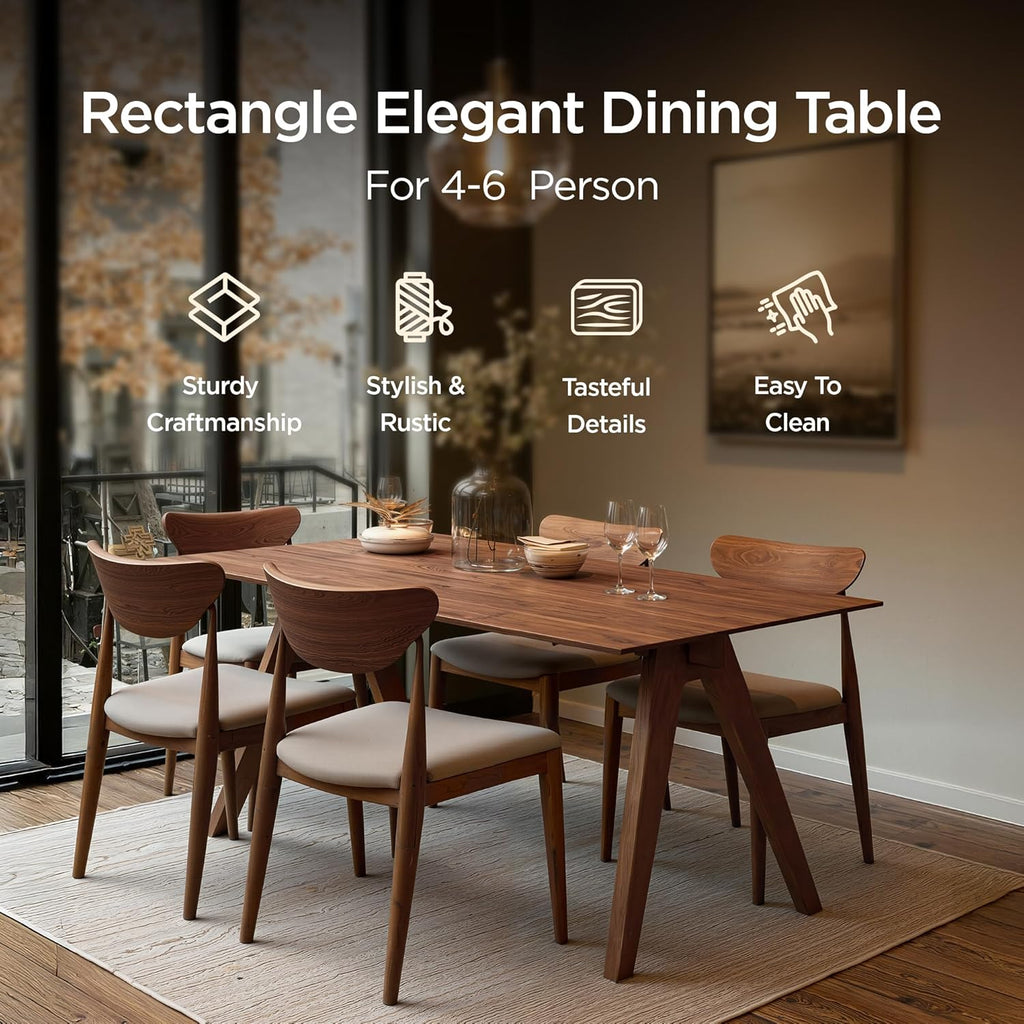 Farmhouse Rectangular Dining Table for 6 People, Modern Mid-Century Walnut Kitchen Dinner Tables Furniture, Natural