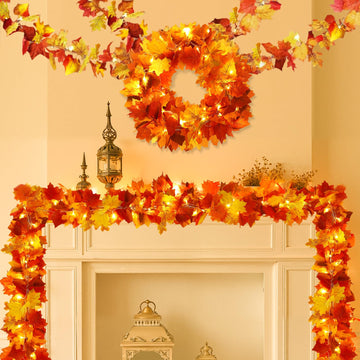4 Pack Fall Garland with Lights, Autumn Leaf Garland for Mantle, Fall Decorations, Outdoor Lighted Up Leaves