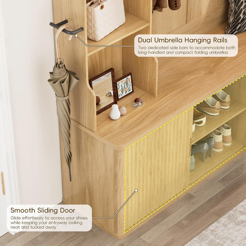 77"H 59"W Hall Tree with Bench and Shoe Storage, Entryway Bench with Coat Rack & 12 Hooks, Smart RGB LED Lighting