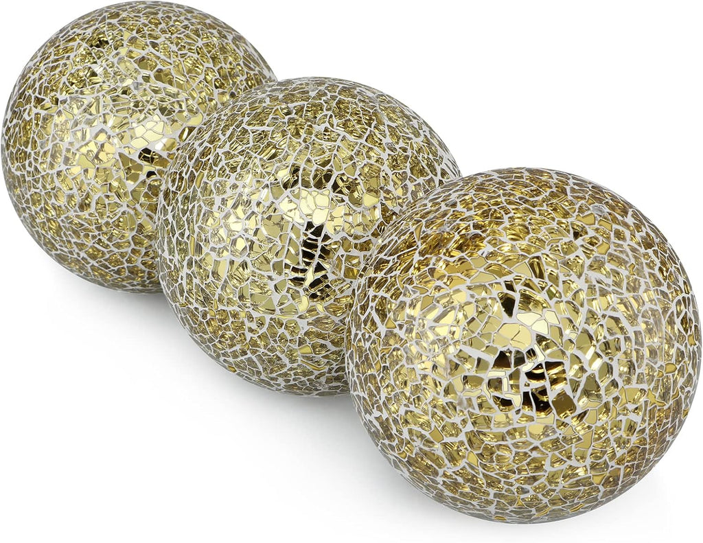 4" Decorative Orbs, Mosaic Sphere Balls, Centerpiece Balls for Bowls, Vases, Dining Table Decor, Pack of 3 (Gold) - Set of 3