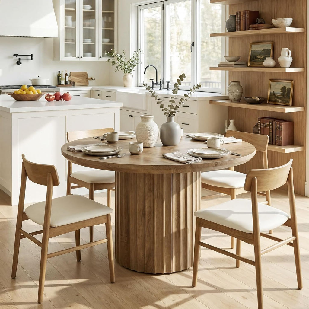 47-Inch Round Dining Table for 4-6, Modern Kitchen Table with Fluted Pedestal Base, Farmhouse Wood Dinner Furniture