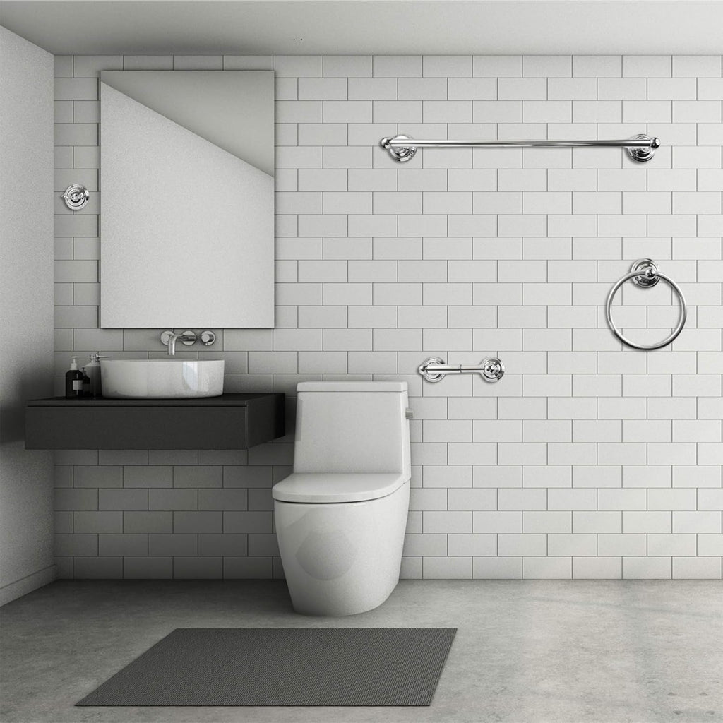 Modern Silver Bathroom Hardware Accessories Set, Includes Robe Hook, Toilet Paper Holder, Towel Ring, 24" Towel Bar