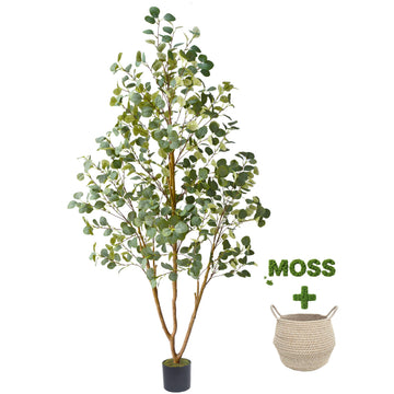 Artificial Eucalyptus Tree 7ft Faux Plant with Woven Basket