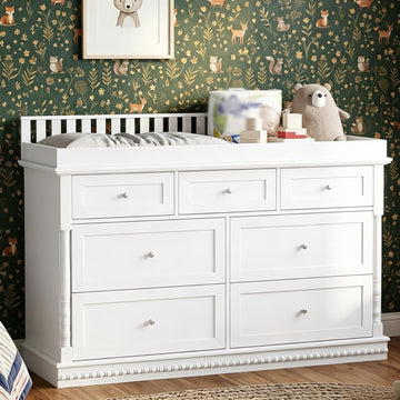 56.5" Baby Changing Table with 7 Storage Drawers, White Nursery Dresser with Removable Changing Top, Large