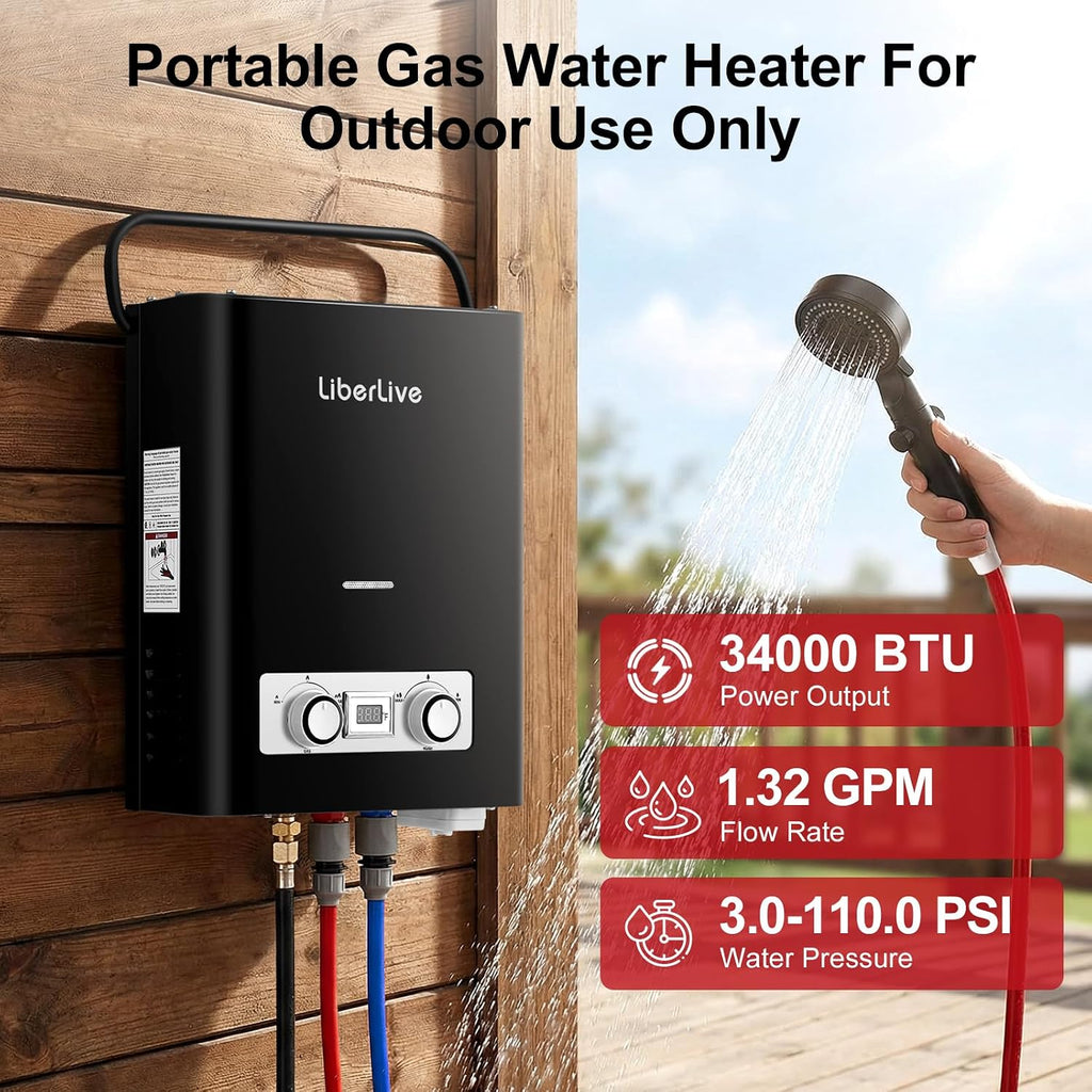 Propane Tankless Water Heater, 5L 1.32 GPM Outdoor Portable Gas Instant Hot Water Heater with Digital Display