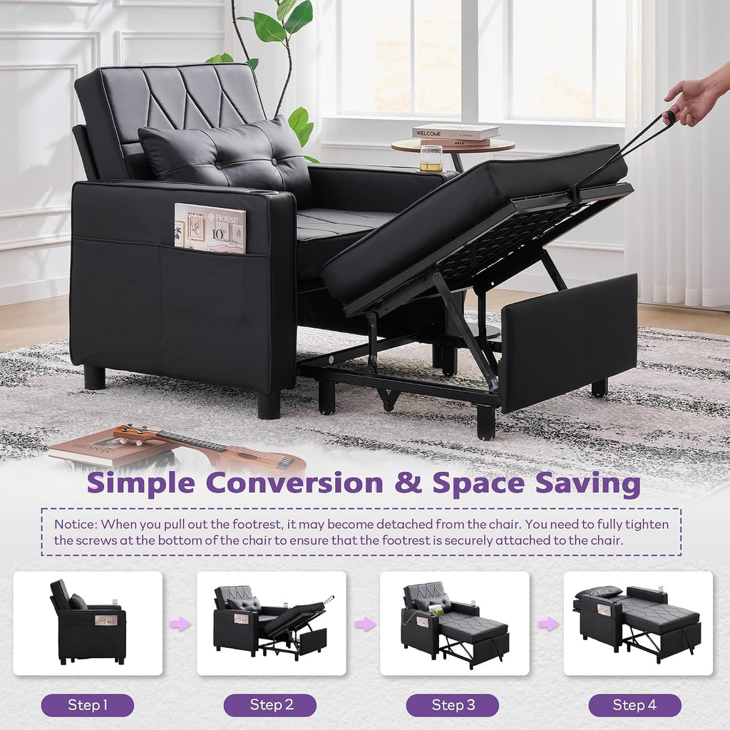 Faux Leather Convertible Sleeper Chair Bed, Single Pull Out Sofa, Black | , 3-in-1, USB & Type-C Charging Ports, Cup