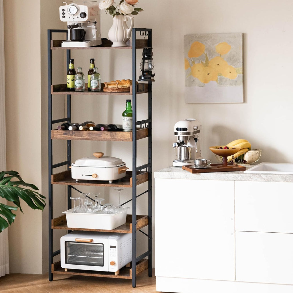 Adjustable 6 Tier Open Bookcase, Rustic Farmhouse Book Shelves, Industrial Wood and Black Metal Bookshelves