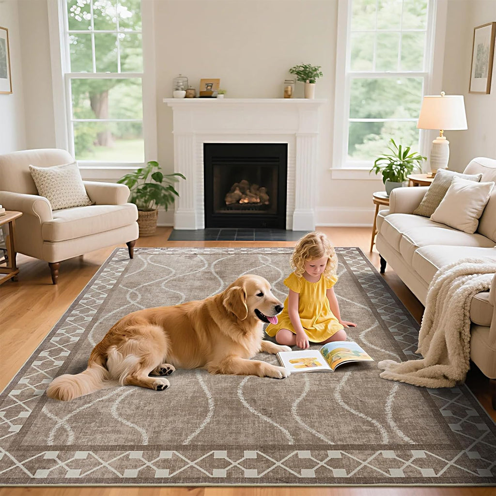 4x6 Area Rugs for Bedroom Living Room, Machine Washable Low Pile Rugs, Non Slip Modern Bordered Print Indoor Carpet
