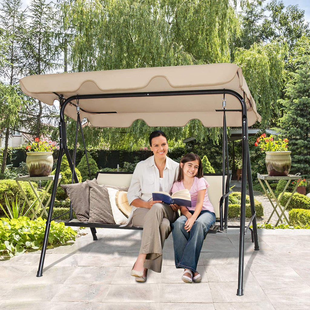 3 Person Patio Swing, Steel Frame with Polyester Angle Adjustable Canopy, All Weather Resistant Swing Bench, Suitable