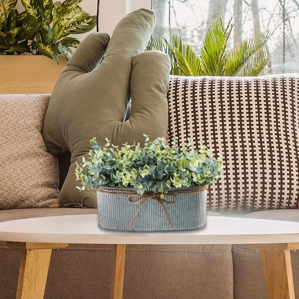 Artificial Eucalyptus Arrangement in Rustic Oval Galvanized Metal Planter Box Faux Eucalyptus Bush Greenery Potted