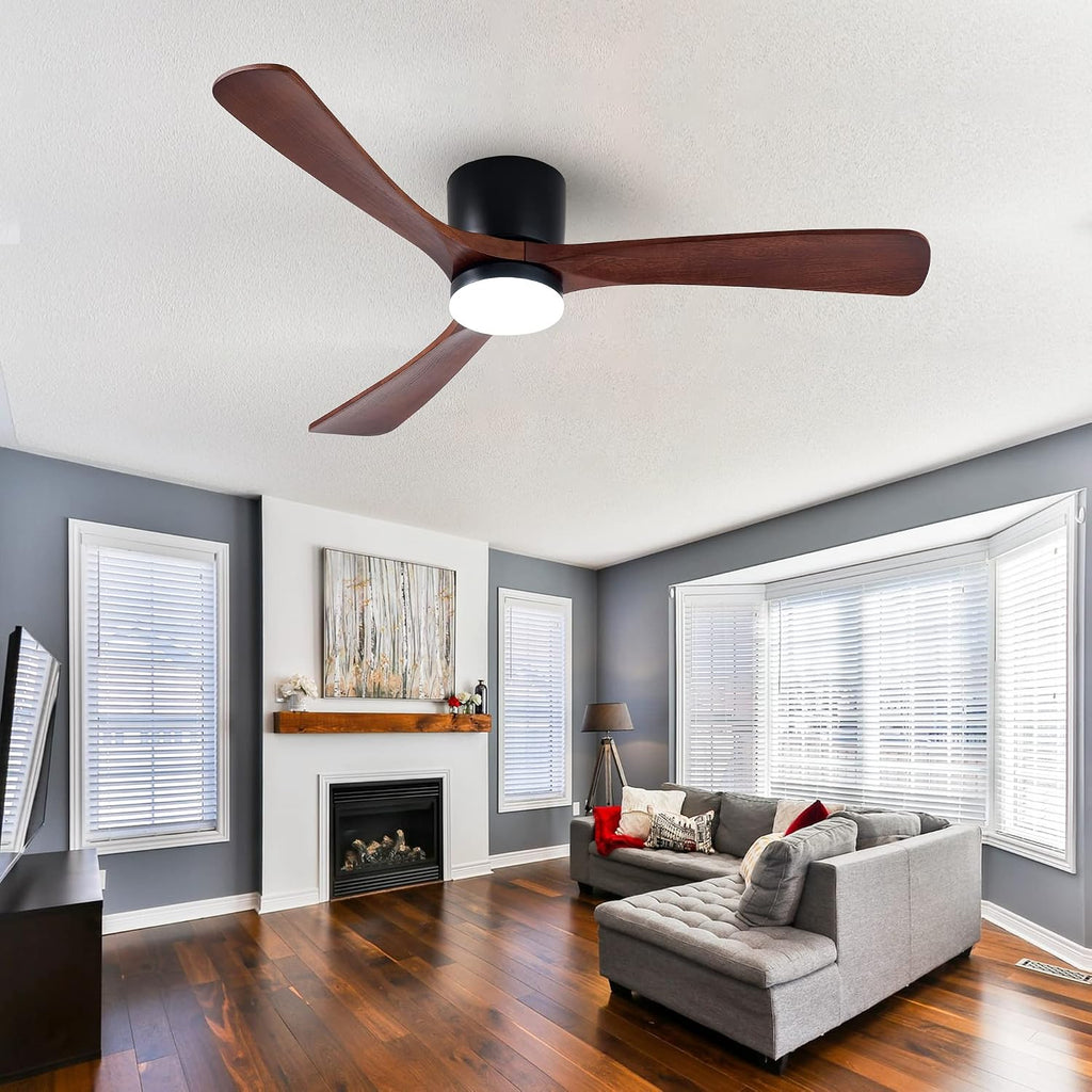 Modern 52 Inch Low Profile Flush Mount Ceiling Hugger Fan with LED Lights and Remote Control - 3 Wood Blades, Reversible DC Motor, 6 Speeds, Timer - Walnut and Matte Black