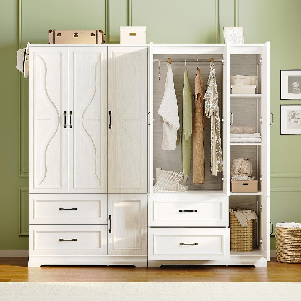 Armoire Wardrobe Closet with 4 Doors and Drawers, White | Wardrobe Cabinet with Storage Shelves and Side Hooks