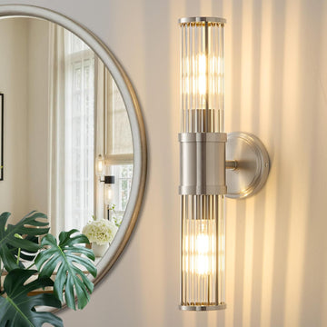 Hardwired Nickel Bathroom Vanity Light Glass Rod Wall Sconce | Up & Down Bidirectional Lighting, Damp Rated s