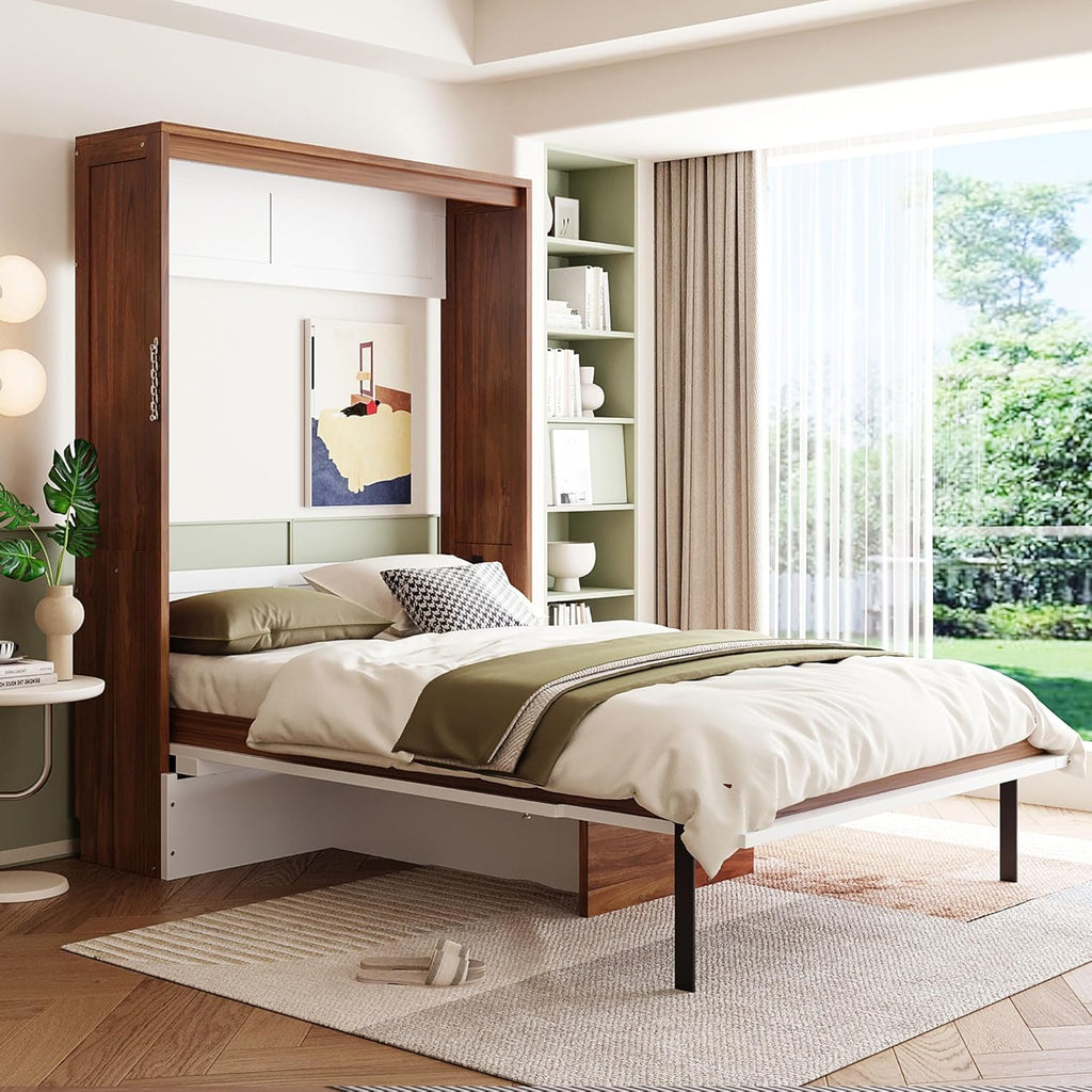 Full Murphy Bed with Desk, Wood Folding Hideaway Space Saving Murphy Wall Bed for Adults (White)