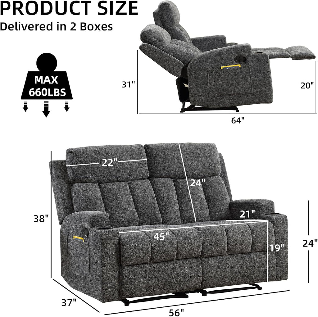 Manual Recliner Sofa Set, Fabric Home Theater Seating with Side Pockets and Cup Holders