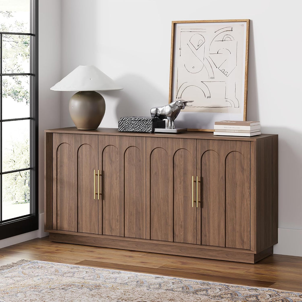 67" Sideboard Buffet Cabinet with Storage, Arched Doors, Walnut | Mid Century Modern Accent Cabinet with Wood Gain