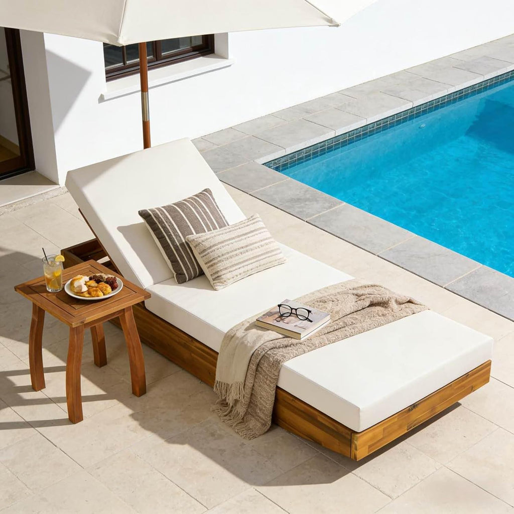 Acacia Wood Chaise Lounge with Cushion - Teak Finish Outdoor Recliner with Cream Water-Repellent Cushion, 79.6" L x 29" W, 300 lbs