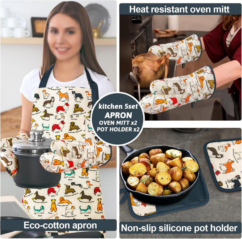 Oven Mitts and Pot Holders with Chef Apron,Kitchen Set of 5 | Heat Resistant Kitchen Gloves and Silicone Non-Slip
