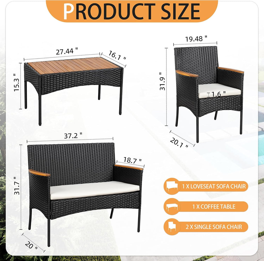 4-Piece Patio Furniture Set, Outdoor Wicker Patio Conversation Furniture Set with Cushions and Wooden Tabletop for Paito Lawn Backyard Pool Garden, Black Rattan